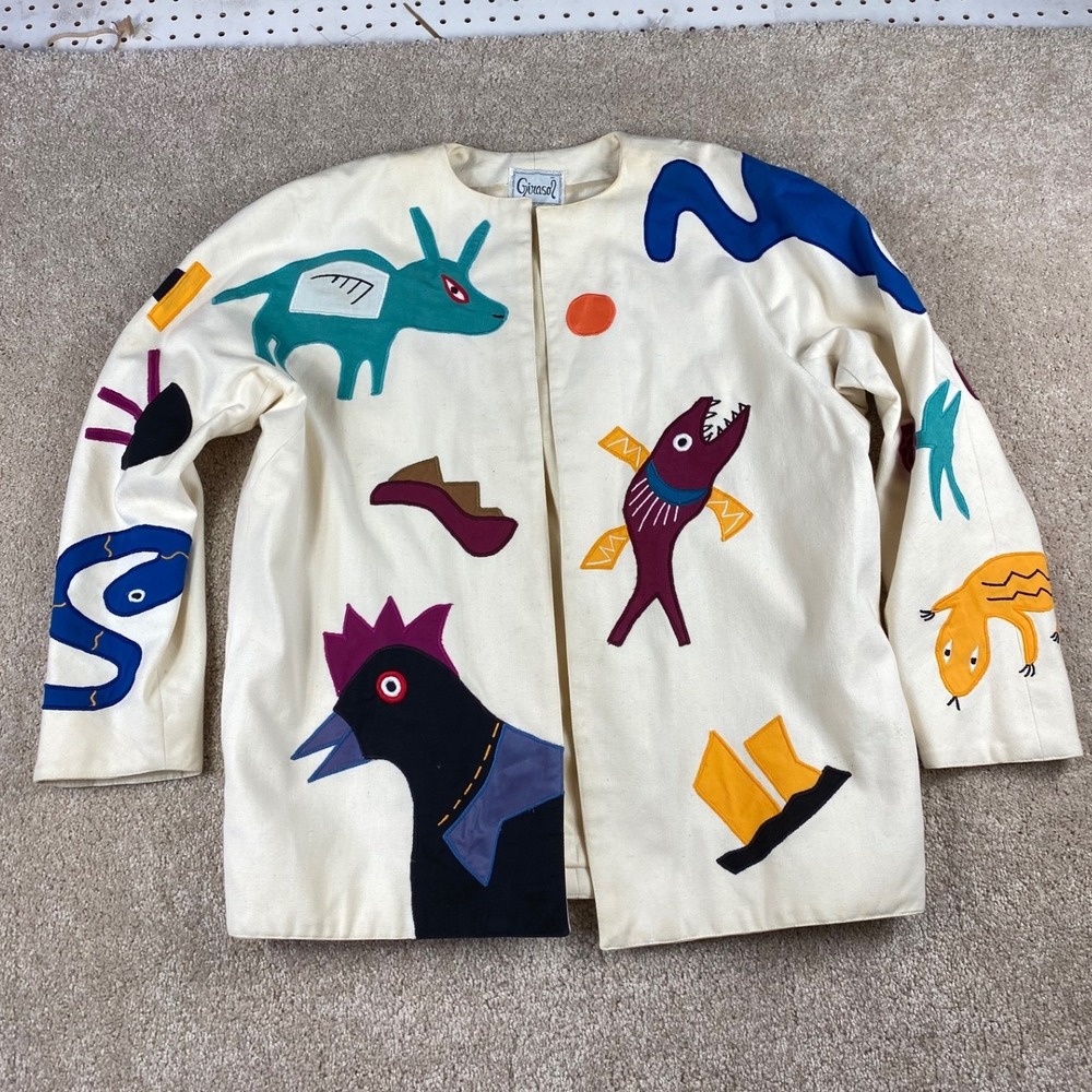 Girasol Mexican Cotton Applique Jacket Cream Animal Folk Art Wearable Art Medium